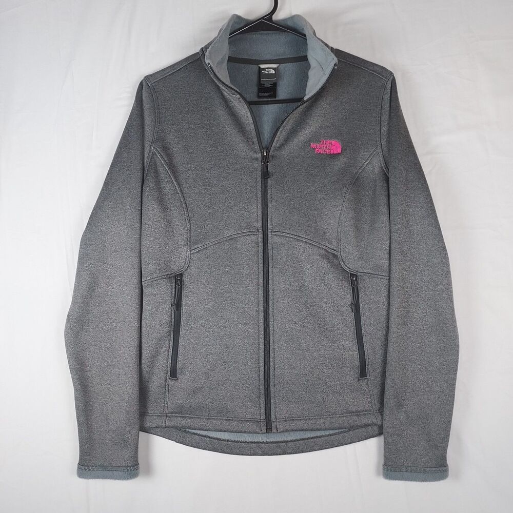 The North Face Softshell Jacket Women M Gray Full Zip Pink Logo Outdoor Hiking
